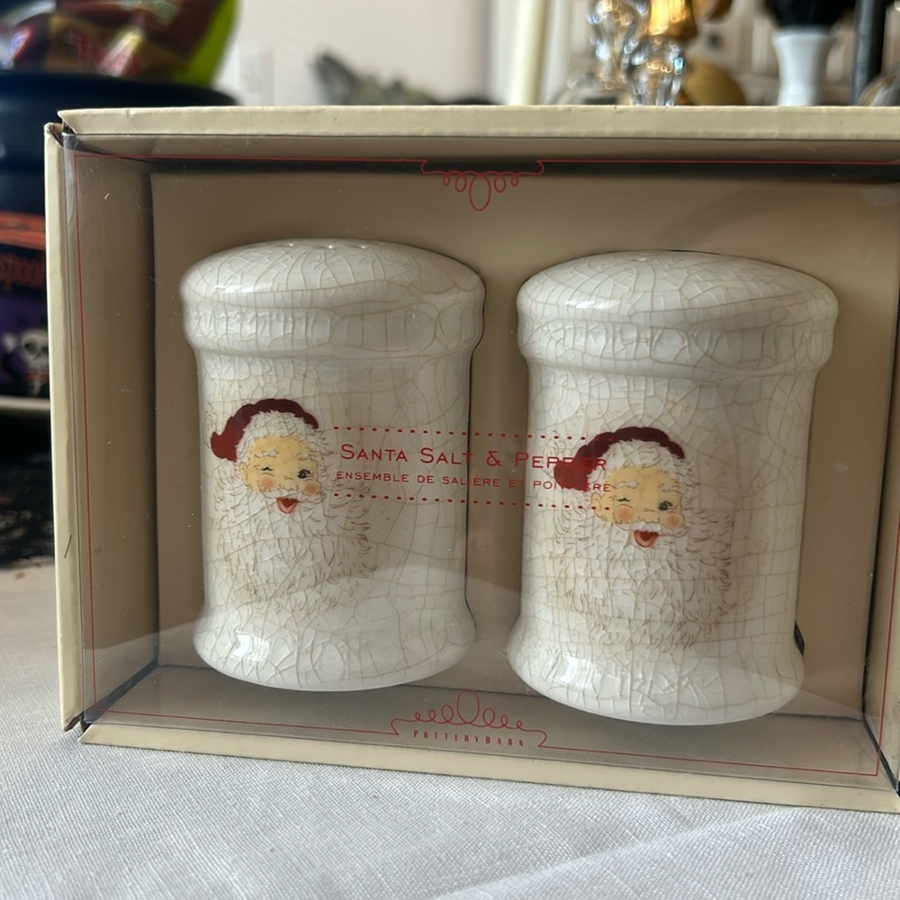 Vintage Potterybarn Santa Salt and Pepper Set winking Santa shakers